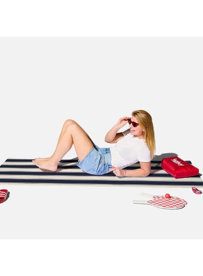 Fatboy Beach Baggy Towel with inflatable Pillow (XL) Lightweight | Quick drying | UV grade: 8 | Ground pin included | Pillow coating is airtight and waterproof | 200x90 cm - Stripe Navy Blue - Image 2